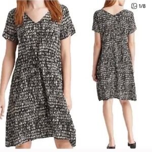 Eileen Fisher Seraglio Printed Silk V-Neck Drawstring Dress Size Small